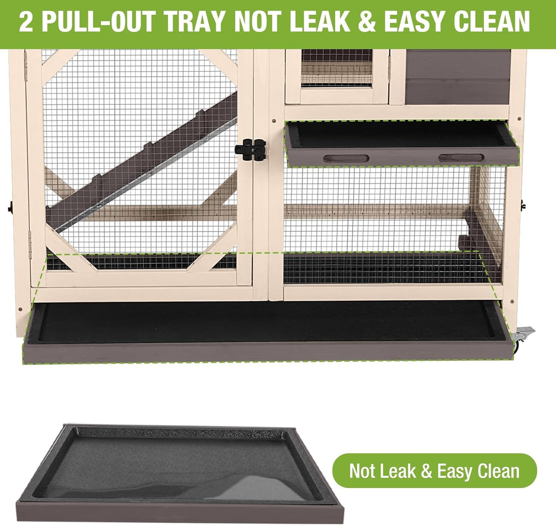 MEDEHOO Rabbit Hutch Indoor Mobile Bunny Cage with Run Wooden 2 Story Guinea Pig Cage Outdoor for Small Animals with Wheels,Two Deeper No Leak Trays(Brown) XZ7001-00J-WM