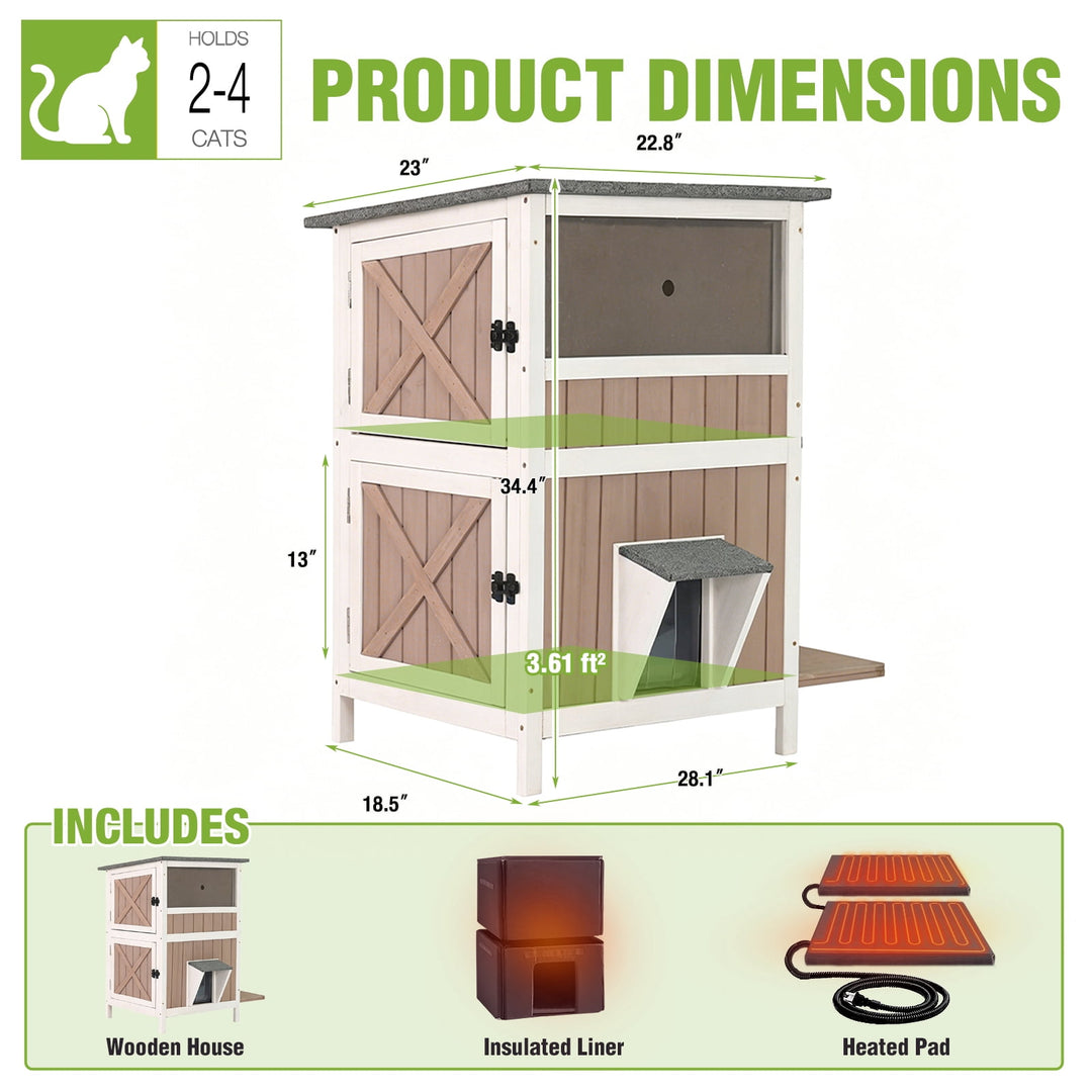 MEDEHOO 2-Story Heated Cat House Large Outdoor Cat House with Insulated Liner, Weatherproof | 2 Story Insulated Feral Cat Shelter with Heating Pad Brown