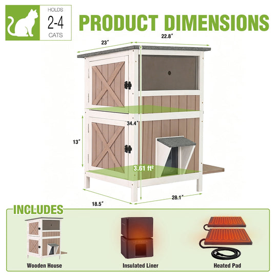 MEDEHOO 2-Story Heated Cat House Large Outdoor Cat House with Insulated Liner, Weatherproof | 2 Story Insulated Feral Cat Shelter with Heating Pad Brown