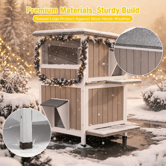 MEDEHOO 2-Story Heated Outdoor Cat House for Winter, Insulated Wooden Feral Shelter with Heating Pad, Liner &amp; Escape Doors, Brown