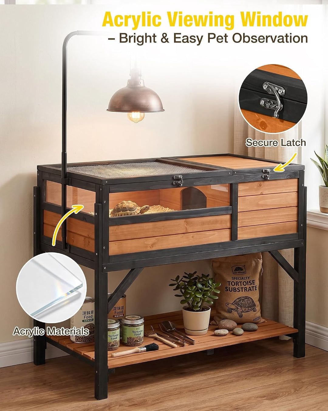 MEDEHOO Wooden Tortoise Habitat with Detachable Legs &amp; Adjustable Lamp Holder – Reptile Terrarium for Small Animals AIR70-BF-ML-WM