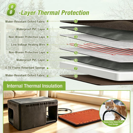 Heated Outdoor Cat House with Heating Pad and 6-Sided Insulation for Feral and Stray Cats, Brown AIR91-WB-HP-GE