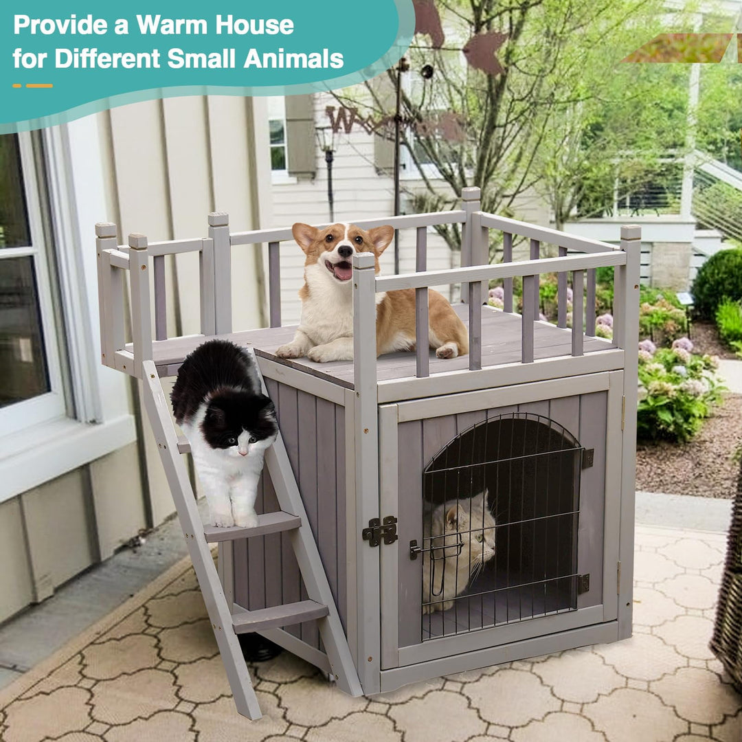 MEDEHOO Wooden Cat House Outdoor Kitty Shelter Pet Houses with Stairs, 2 Storys