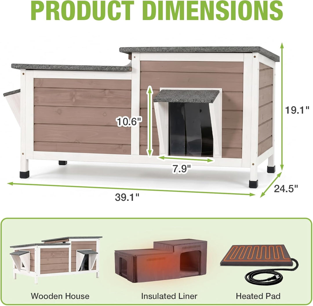 MEDEHOO Heated Cat House Outdoor Cat House Insulated Large Weatherproof Feral Cat Shelter with Heated Pad, Insulated All-Round Thermal Liner, Chewproof Cable for 1-4 Cats AIR93-WBR-HP-MA-WM