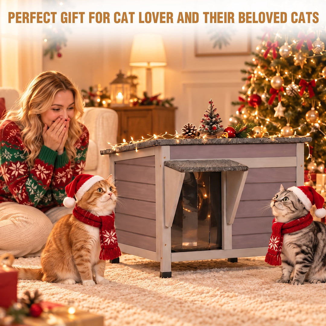 MEDEHOO Outdoor Cat House with Insulated Liner Extra Side Escape Door Weatherproof Roof Feral Cat Shelter for Winter Outside Light Gray AIR12-G-IN-WFS-ML