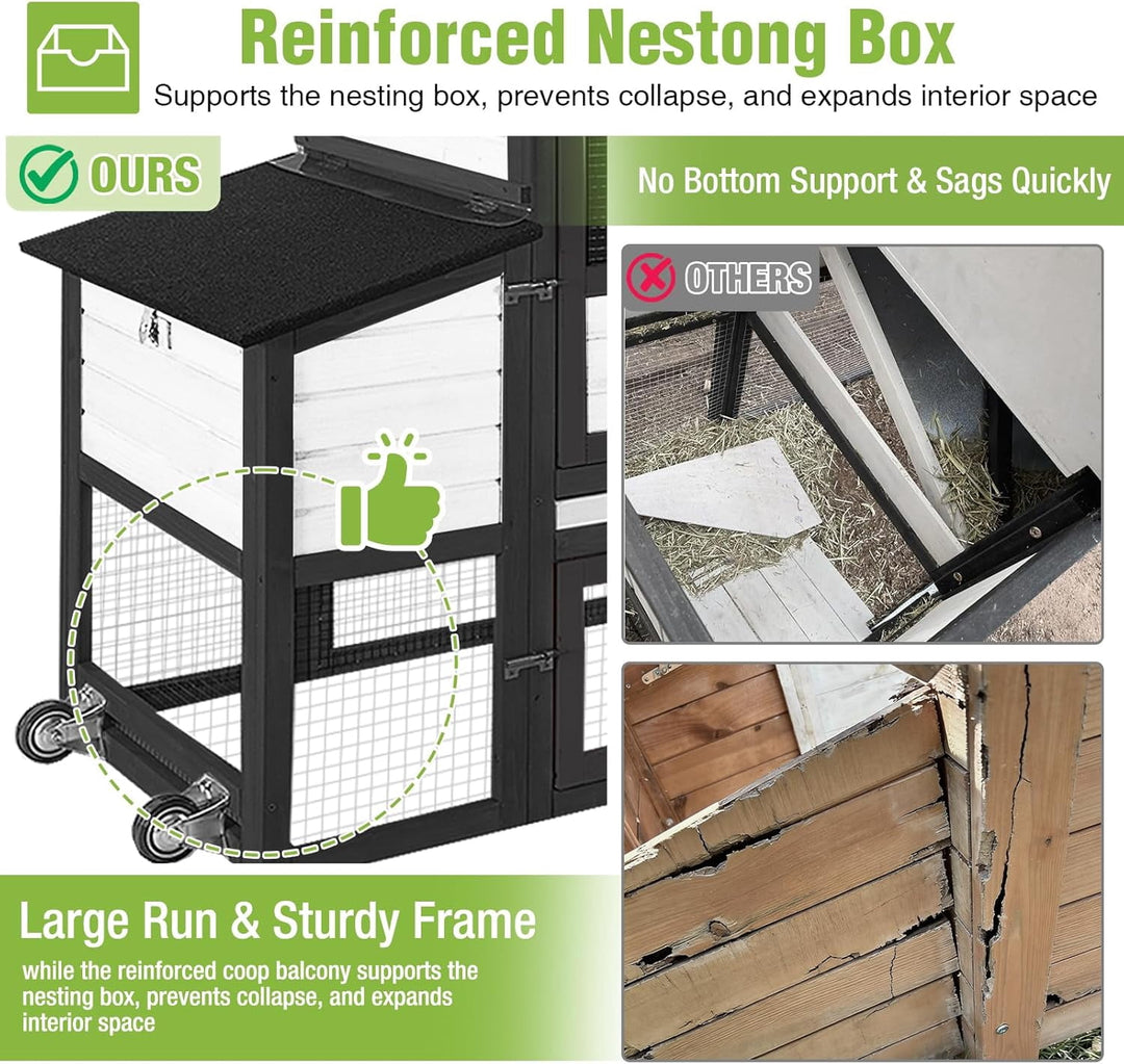 MEDEHOO Mobile Chicken Coop with Wheels for 2-4 Chickens, Expandable Wooden Hen House with Divided Nesting Box, Reinforced Coop Balcony, Roosting Perch, Metal Pull-Out Tray, 82.4" L (Black ＆ White)