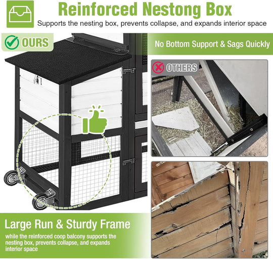 MEDEHOO Mobile Chicken Coop with Wheels for 2-4 Chickens, Expandable Wooden Hen House with Divided Nesting Box, Reinforced Coop Balcony, Roosting Perch, Metal Pull-Out Tray, 82.4" L (Black ＆ White)