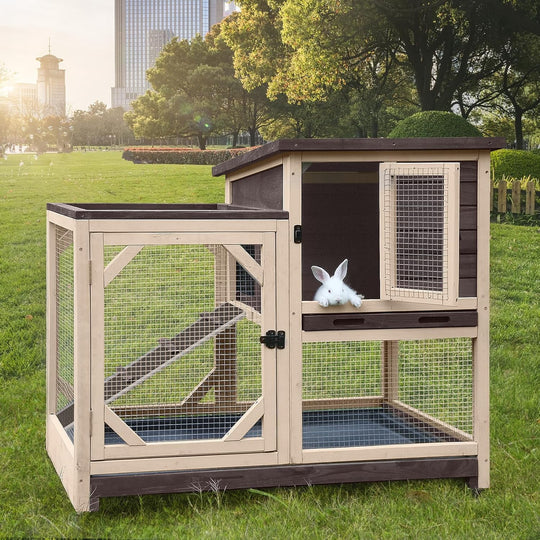 MEDEHOO 2-Story Rabbit Hutch with Chew-Proof Ramp &amp; Pull-Out Trays - Indoor/Outdoor 39.3" Wooden Rabbit Cage on Wheels for Rabbits, Guinea Pigs (Beigie&amp;Brown)