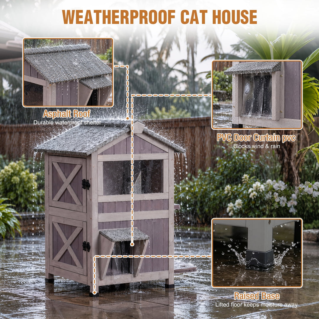 MEDEHOO  Heated Cat House for Outside, 2-Level Weatherproof Outdoor Feral Cat Shelter Wooden Elevated Kitty Condo with Safety Heating pad Insulated liner Openable Roof 2 Large Side Doors AIR94-M-IN-HP-WFS-ML