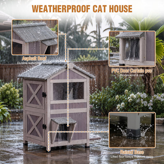 MEDEHOO  Heated Cat House for Outside, 2-Level Weatherproof Outdoor Feral Cat Shelter Wooden Elevated Kitty Condo with Safety Heating pad Insulated liner Openable Roof 2 Large Side Doors AIR94-M-IN-HP-WFS-ML