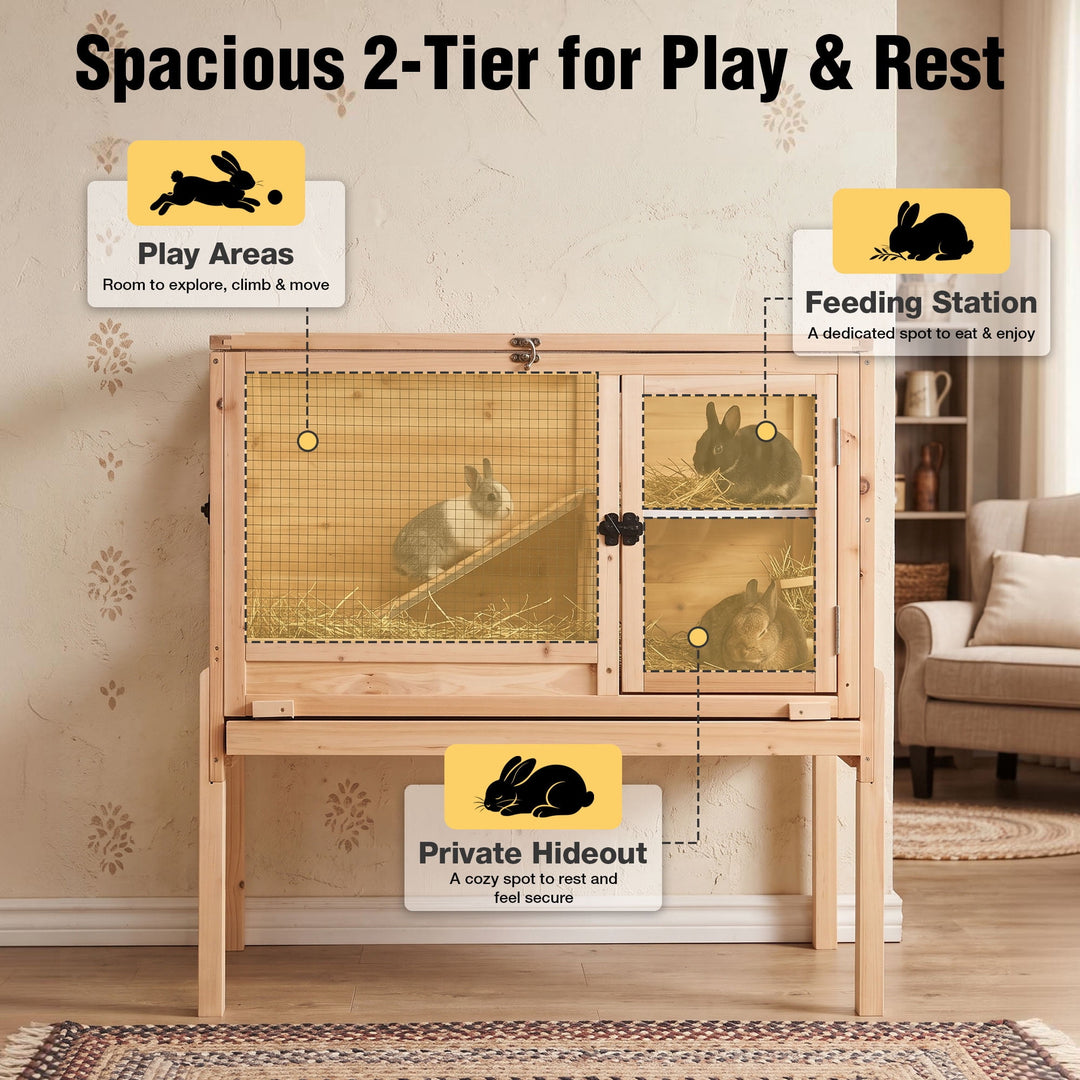 MEDEHOO Indoor Guinea Pig Cage Rabbit Cage with Chew-Resistant Edges, Leakproof Deep Tray and Detachable Legs, Wooden AIR53-OC-WFS-GE
