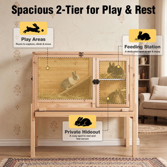 MEDEHOO Indoor Guinea Pig Cage Rabbit Cage with Chew-Resistant Edges, Leakproof Deep Tray and Detachable Legs, Wooden AIR53-OC-WFS-GE