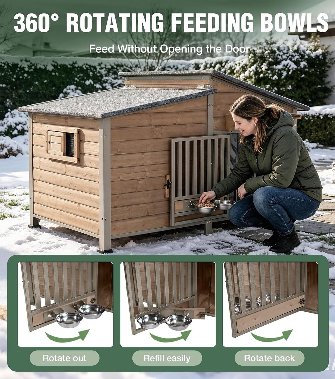 MEDEHOO Extra Large Heated Dog House Outdoor, 60" Insulated Kennel with Chew-Proof Metal Frame &amp; Rotating Bowls AIR7021-L-CG-HP-2-AD