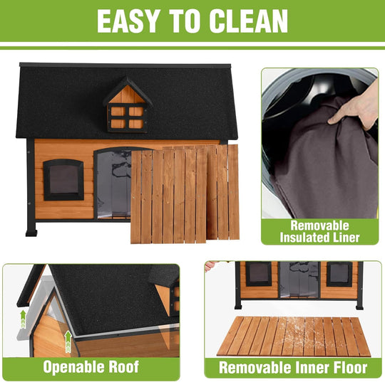 MEDEHOO Large Heated Dog House with Chew-Proof Metal Frame Safe Heating Pad, 6-Sided Thermal Liner, for Outdoor Use AIR90-IN-HP-WM