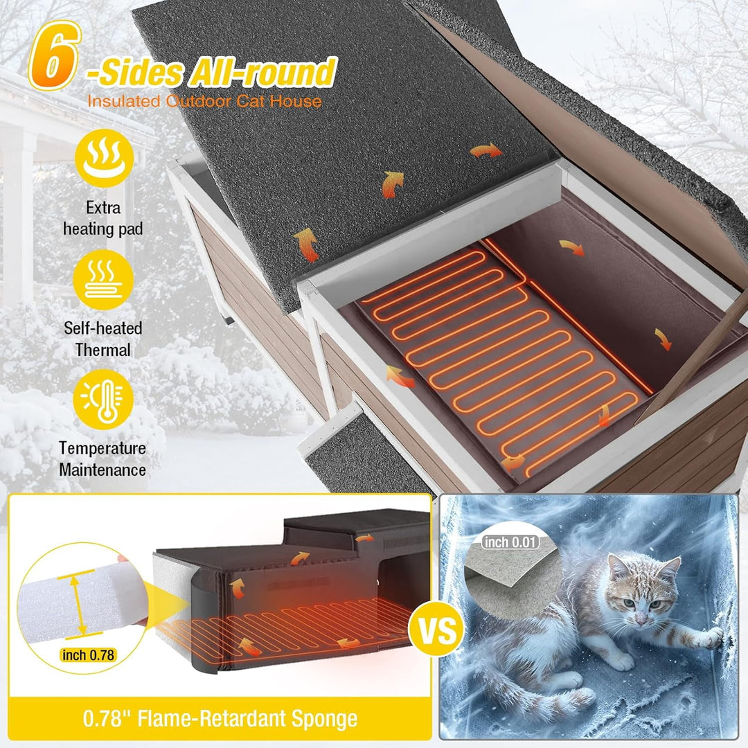MEDEHOO 39.1" Large Heated Outdoor Cat House for 1-4 Cats, Insulated Wooden Feral Cat Shelter with Heating Pad and Escape Doors