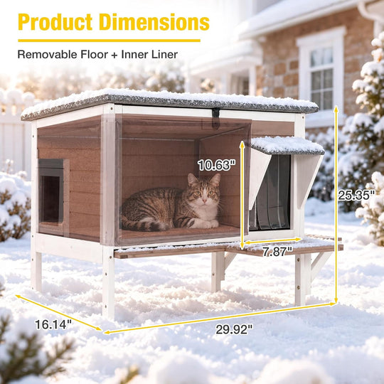MEDEHOO  Heated Cat House with Insulated Liner, Large Feral Cat Shelter for Winter, Weatherproof Cat Condos for Outdoor Indoor Kitty Shelter, Light Brown AIR91-B-HP-PA-WM2