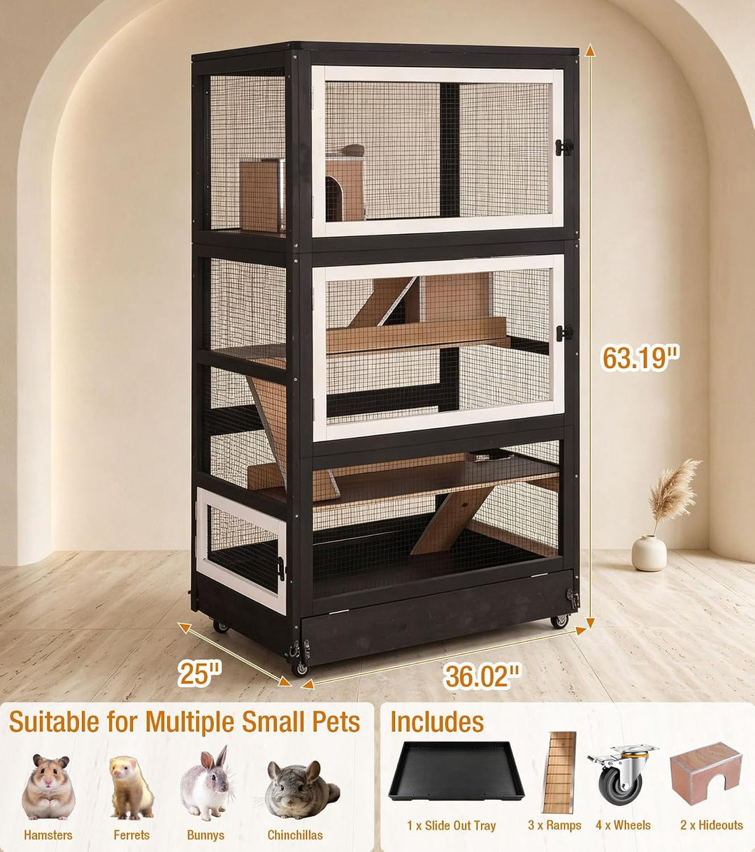 MEDEHOO 63“H Extra Large 4-Story Ferret Cage with Wheels Brown Aluminum alloy frame with wire mesh, PVC-coated levels, 2 ramps, 2 hideouts, deep slide-out tray and locking wheels AIR56-B-2-AD-WM