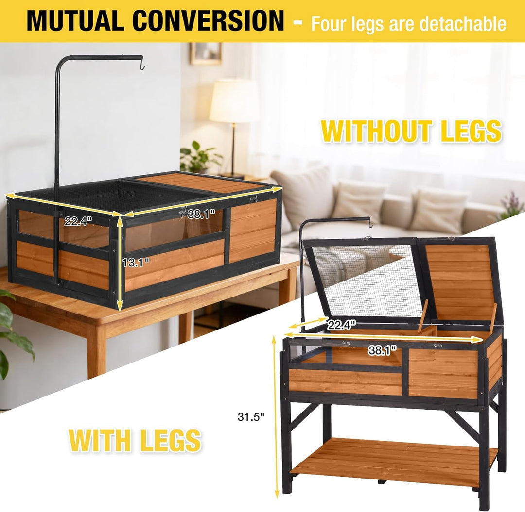 MEDEHOO Tortoise Habitat Turtle Enclosure, Wooden Tortoise House Reptile Cage for Small Animals, Reptile Tank with Large Storage Shelf AIR70B-WM