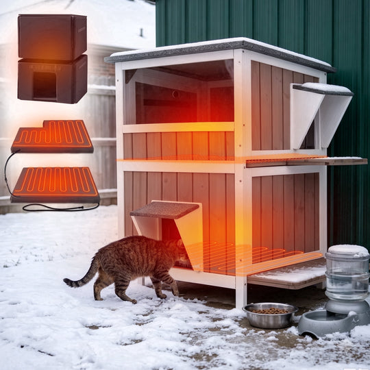 MEDEHOO 2-Story Heated Cat House Large Outdoor Insulated Cat House Weatherproof Feral Cat Shelter with Heated Pad, Insulated All-Round Thermal Liner for 1-4 Cats (Winter-Ready)