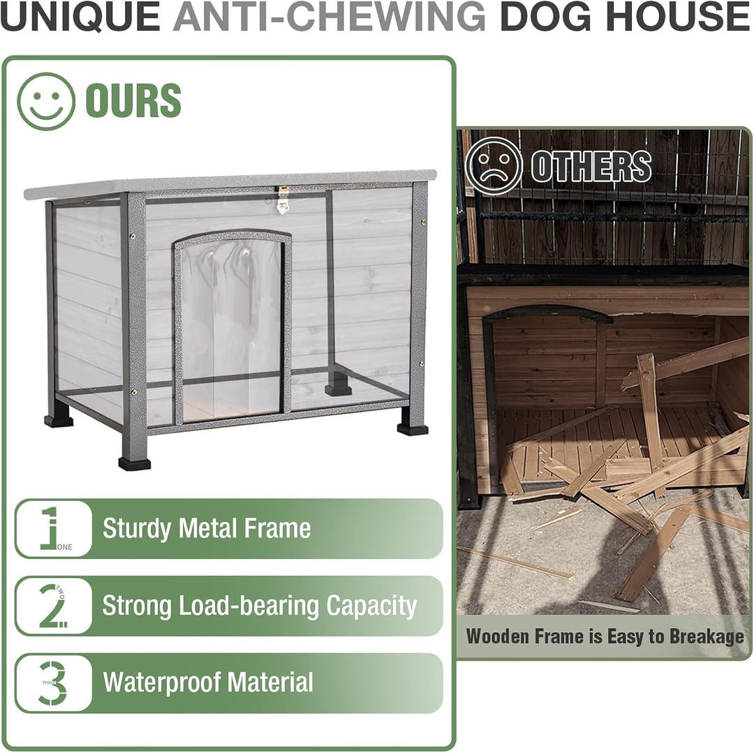 MEDEHOO 33.3’’ Heated Outdoor Dog House Weatherproof Insulated Dog Kennel with Metal Frame, Dog Shelter with Heating Pad, 6-Sided Insulated Liner and PVC Door Curtain for Winter (Grey)