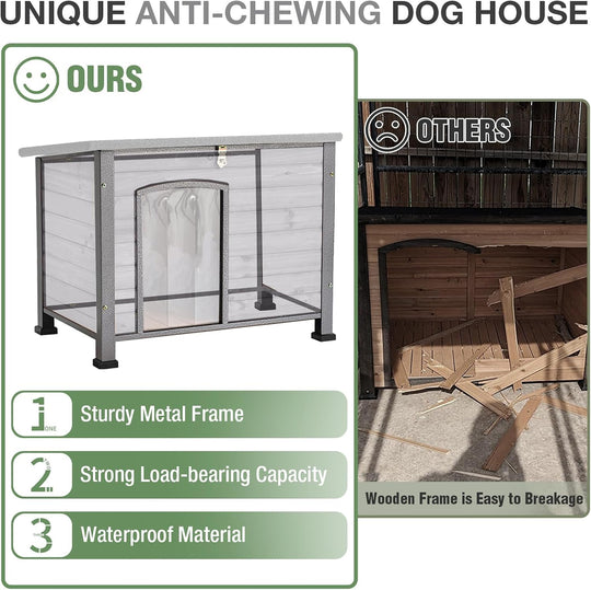 MEDEHOO 33.3’’ Heated Outdoor Dog House Weatherproof Insulated Dog Kennel with Metal Frame, Dog Shelter with Heating Pad, 6-Sided Insulated Liner and PVC Door Curtain for Winter (Grey)