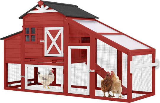 Morgete Mobile Chicken Coop Hen House with Wheels Handdrail for 2-4 Chickens-Red