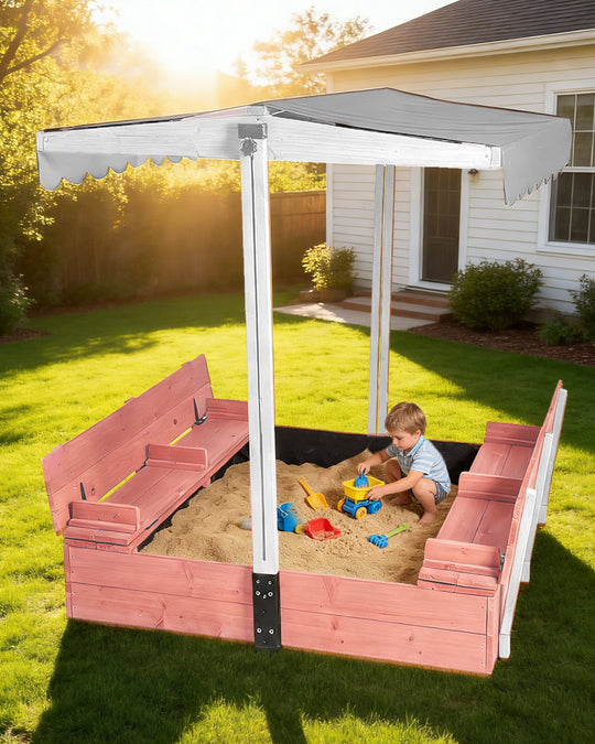 MEDEHOO 47'' Outdoor Sandbox for Kids with Lid and Bench, Wooden Sand Play Toys Center with Adjustable Canopy