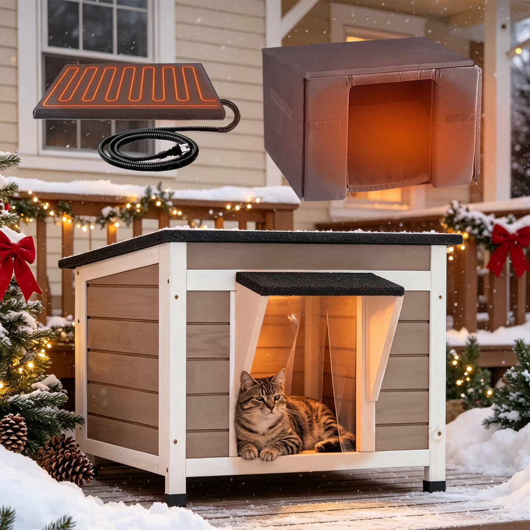 MEDEHOO AIR12-IN-HP Outdoor Heated Cat House with Heated Pad & Insulated Liner, Weatherproof Insulated Feral Cat Shelter for Winter