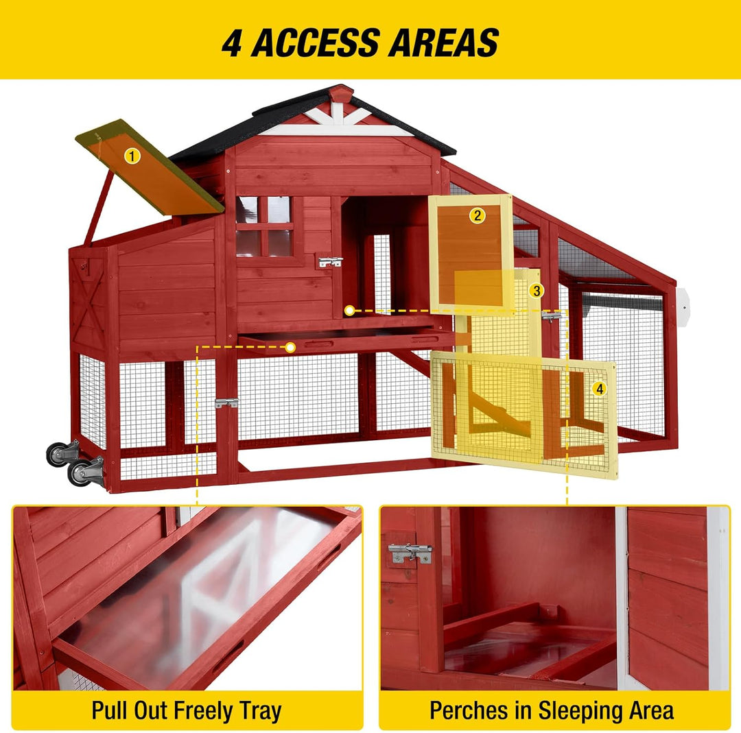 Morgete Mobile Chicken Coop Hen House with Wheels Handdrail for 2-4 Chickens-Red