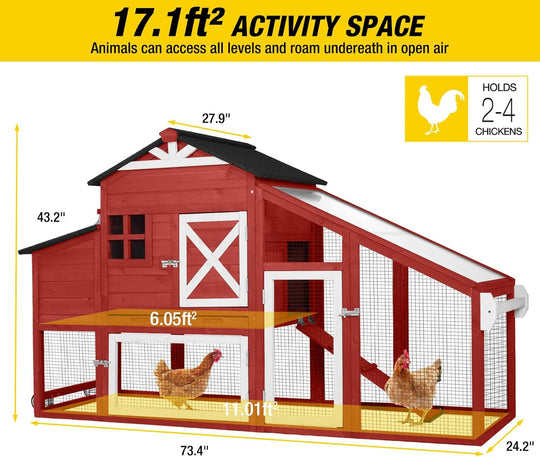 Morgete Mobile Chicken Coop Hen House with Wheels Handdrail for 2-4 Chickens-Red