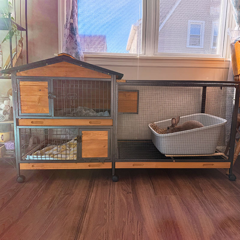 Hm Door Rabbit Aivituvin Metal Frame Rabbit Hutch with 3 Leakproof Trays, 6 Doors & Wheels