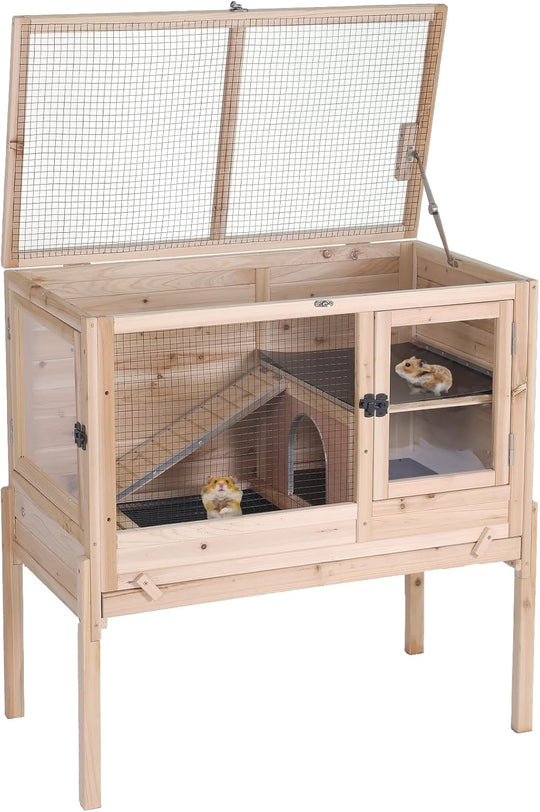 Morgete AIR53-OC Wooden Guinea Pig Cages Indoor with Removable Stand, Anti Chewing Rabbit Hutch with Ramp and Wire Mesh, 2 Story Small Animals House Habitat with Pull Out Tray, Natural