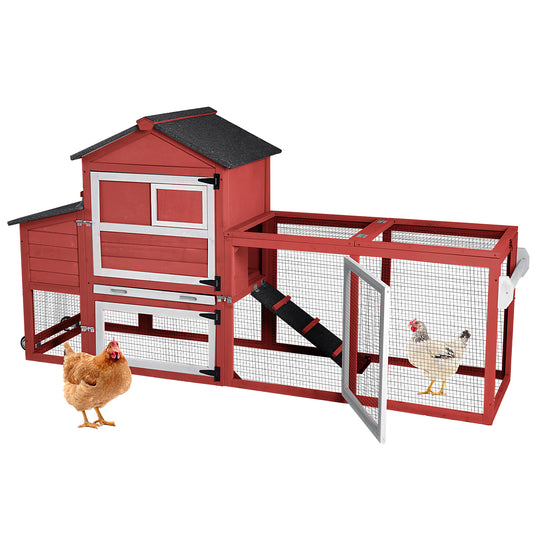 MORGETE Mobile Chicken Coop with Wheels, Wood Hen House for 2-3 Chickens Outdoor with Nesting Box Leakproof Pull-Out Tray and UV-Resistant Roof Panel, Red