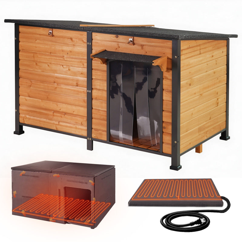 Aivituvin Extra Large Heated Dog House AIR63/64-IN-HP, 55"L/59.1"L Wooden Dog Shelter with Heating Pad
