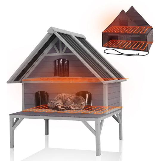 Aivituvin-AIR7034-IN-HP Heated Wooden Cat House with Insulation | Metal Roof