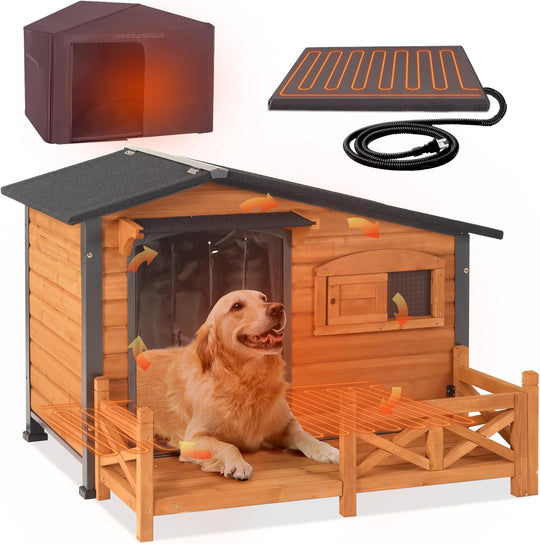 MEDEHOO AIR7024-IN-HP Heated Dog House Outdoor Dog Kennel with Safe Heated Pad, Chew-Proof Metal Frame and Rotating Food Bowl for Small to Medium Dogs, 44.6" L x 41.1" W x 32.9“H