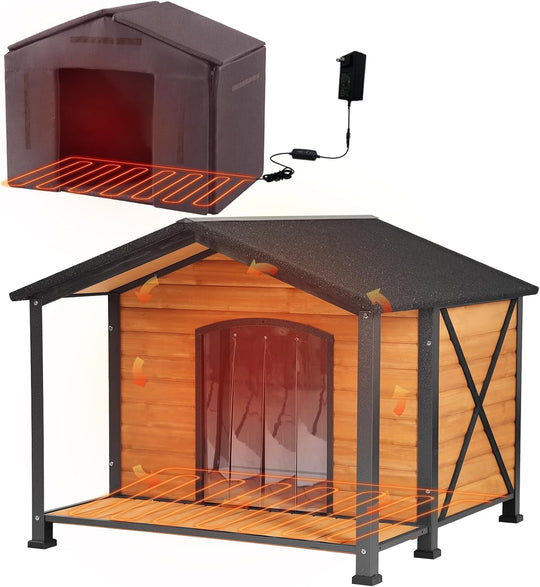 MORGETE Aivituvin 41.4" Large Outdoor Heated Dog House with Heating Pad & Insulated Liner, Iron Frame Insulated Dog Kennel for Winter, Anti-Chewing