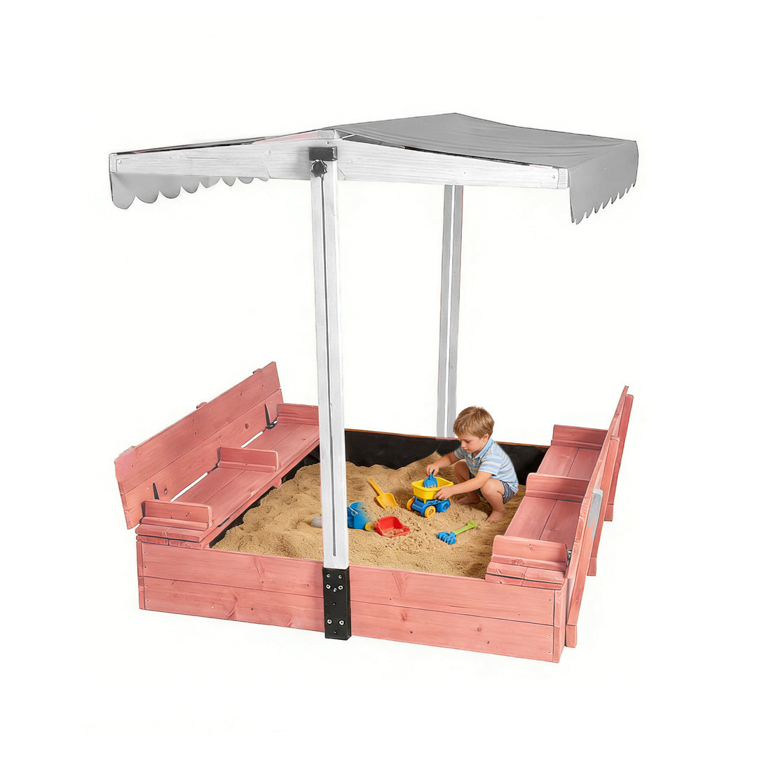 MEDEHOO 47'' Outdoor Sandbox for Kids with Lid and Bench, Wooden Sand Play Toys Center with Adjustable Canopy