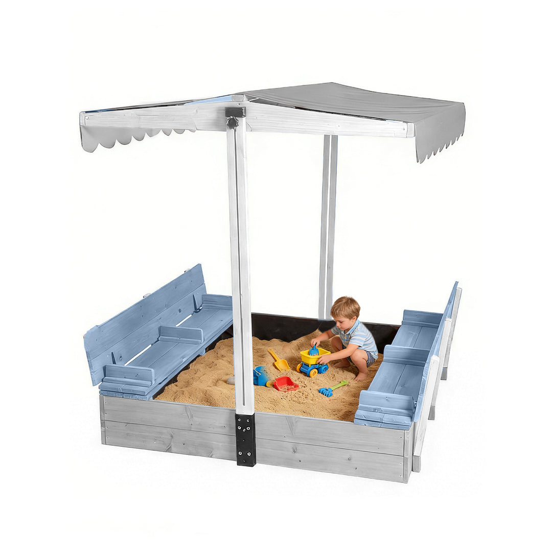 MEDEHOO 47'' Outdoor Sandbox for Kids with Lid and Bench, Wooden Sand Play Toys Center with Adjustable Canopy