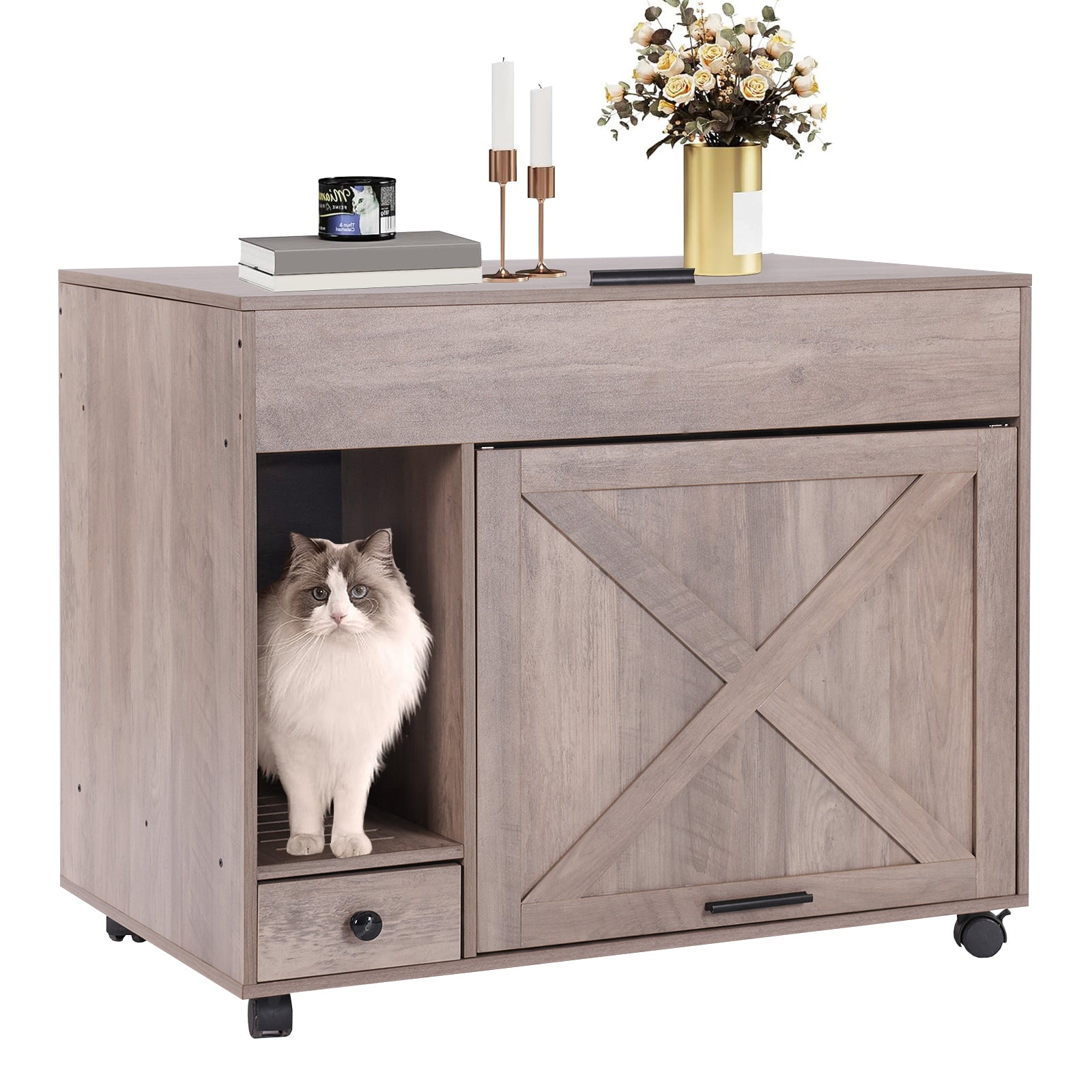 プルメリア　キャビネット Wooden Cat Litter Box Enclosure, Side Table with Folding Door