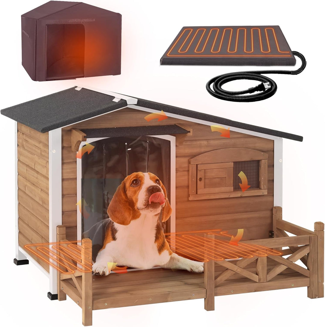 MEDEHOO AIR7024-IN-HP Heated Dog House Outdoor Dog Kennel with Safe Heated Pad, Chew-Proof Metal Frame and Rotating Food Bowl for Small to Medium Dogs, 44.6" L x 41.1" W x 32.9“H