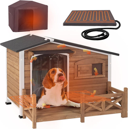 MEDEHOO AIR7024-IN-HP Heated Dog House Outdoor Dog Kennel with Safe Heated Pad, Chew-Proof Metal Frame and Rotating Food Bowl for Small to Medium Dogs, 44.6" L x 41.1" W x 32.9“H