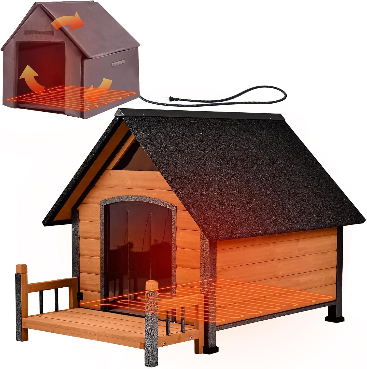 Large Heated Dog House with Heating Pad, Insulation & Iron Frame