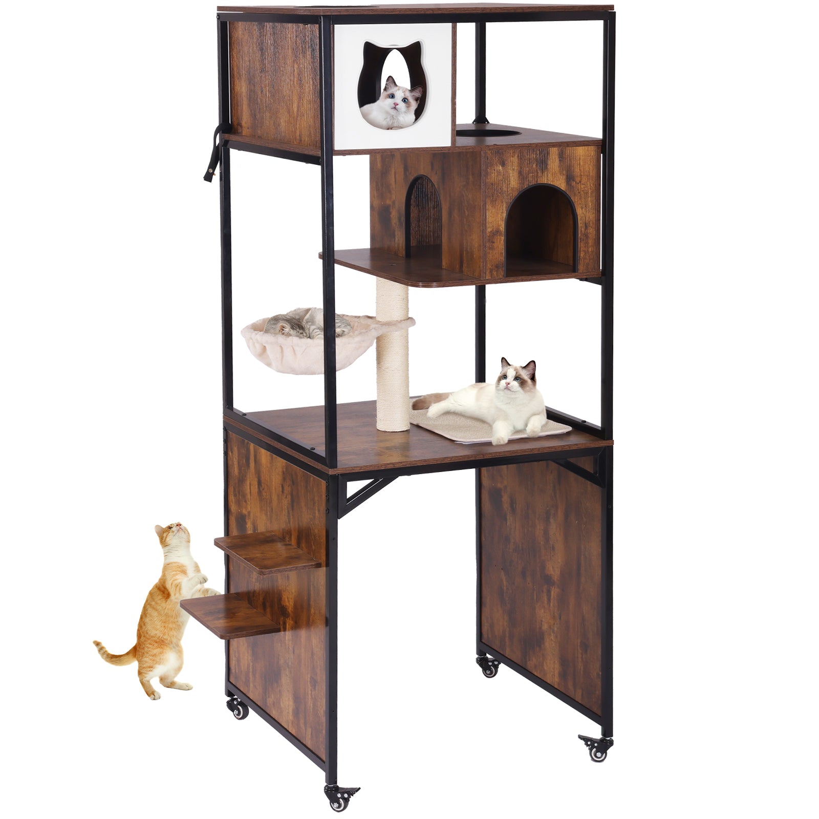 Wooden Cat Litter Box Enclosure with Hammock, Scratching Post