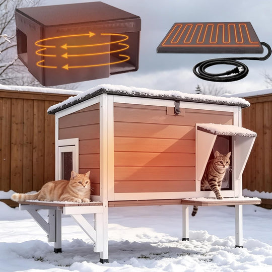 MEDEHOO-AIR91-IN-HP Wooden Heated Cat House with Adjustable Temperature Pad | Waterproof Roof