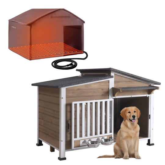 MEDEHOO AIR7021-HP Heated Dog House with Heating Pad & Anti-Chewing Metal Frame, Insulated Wooden Dog Kennel with Unique Design Roof, Weatherproof Dog House for Indoor & Outdoor Use