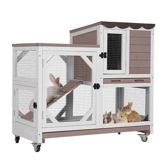 Aivituvin-AIR7013 Premium 2-Story Wooden Rabbit Hutch with Casters | Pull-Out Tray