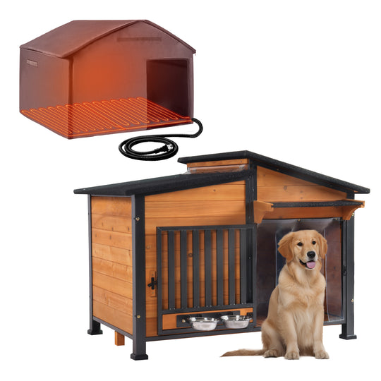 MEDEHOO AIR7021-HP Heated Dog House with Heating Pad & Anti-Chewing Metal Frame, Insulated Wooden Dog Kennel with Unique Design Roof, Weatherproof Dog House for Indoor & Outdoor Use