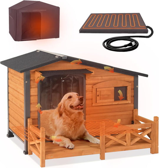 MEDEHOO AIR7024-IN-HP Heated Dog House Outdoor Dog Kennel with Safe Heated Pad, Chew-Proof Metal Frame and Rotating Food Bowl for Small to Medium Dogs, 44.6" L x 41.1" W x 32.9“H