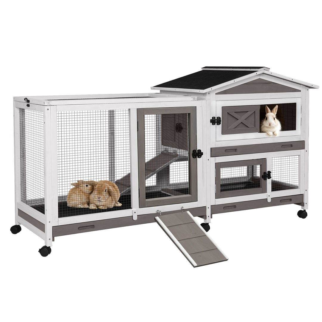 MEDEHOO Wood Rabbit Hutch Bunny Cage with Wheels Small Pet House for Guinea Pig Indoor & Outdoor